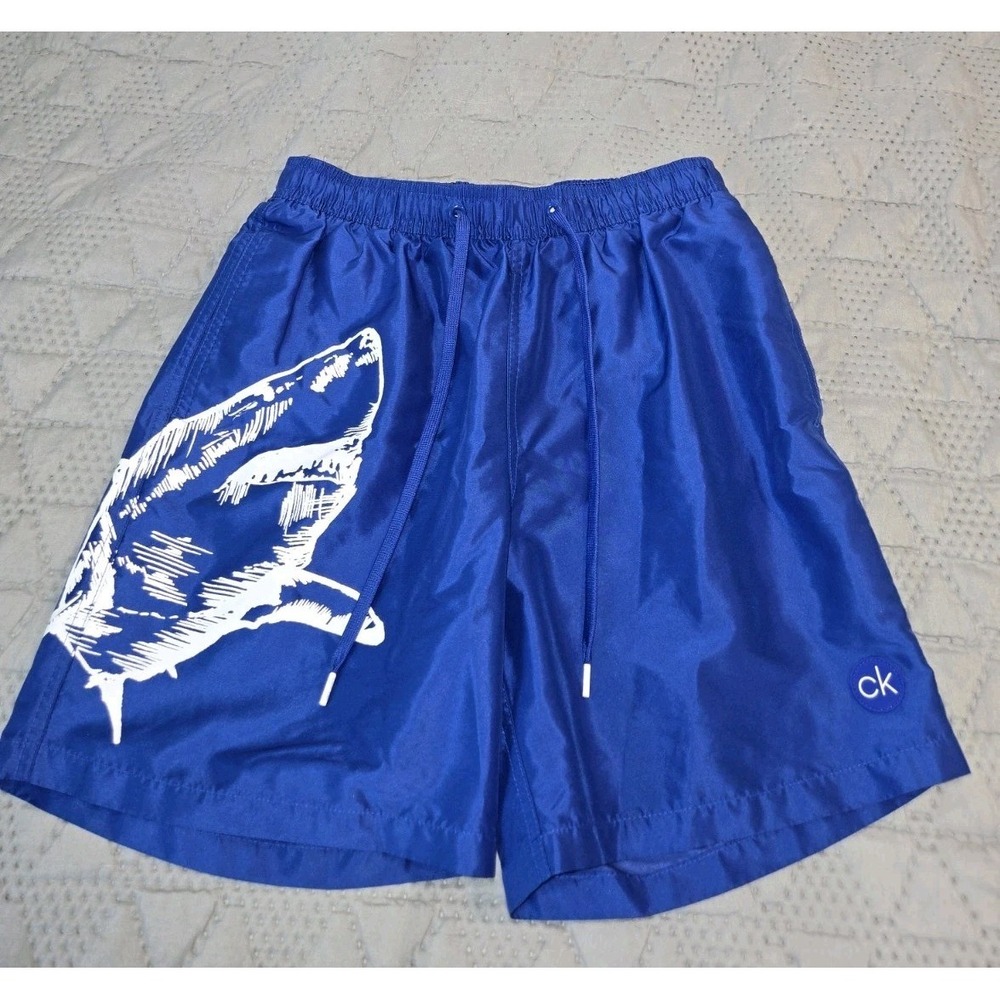 Calvin Klein Mens Blue Shark Graphic Swim Trunks Shorts Small S